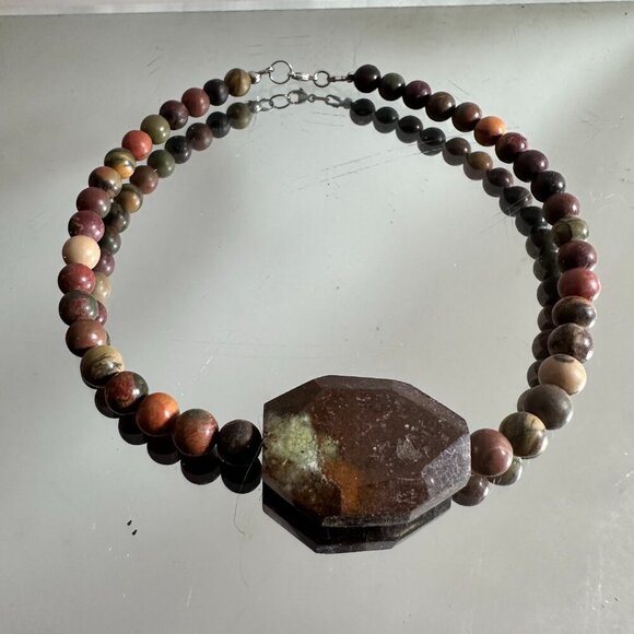 Choker Necklace Sterling Silver Picasso Jasper Chrysoprase Gemstone Handmade - Picture 7 of 7